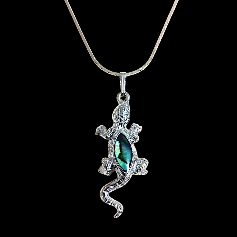 Vintage Lizard Gecko‎ Pendant Necklace Silver Tone Shell Glass Abalone Inlay - Picture 15 of 16